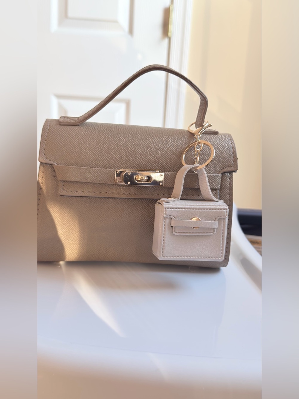 Taupe Structured Top-Handle Women's Bag with Mini Charm